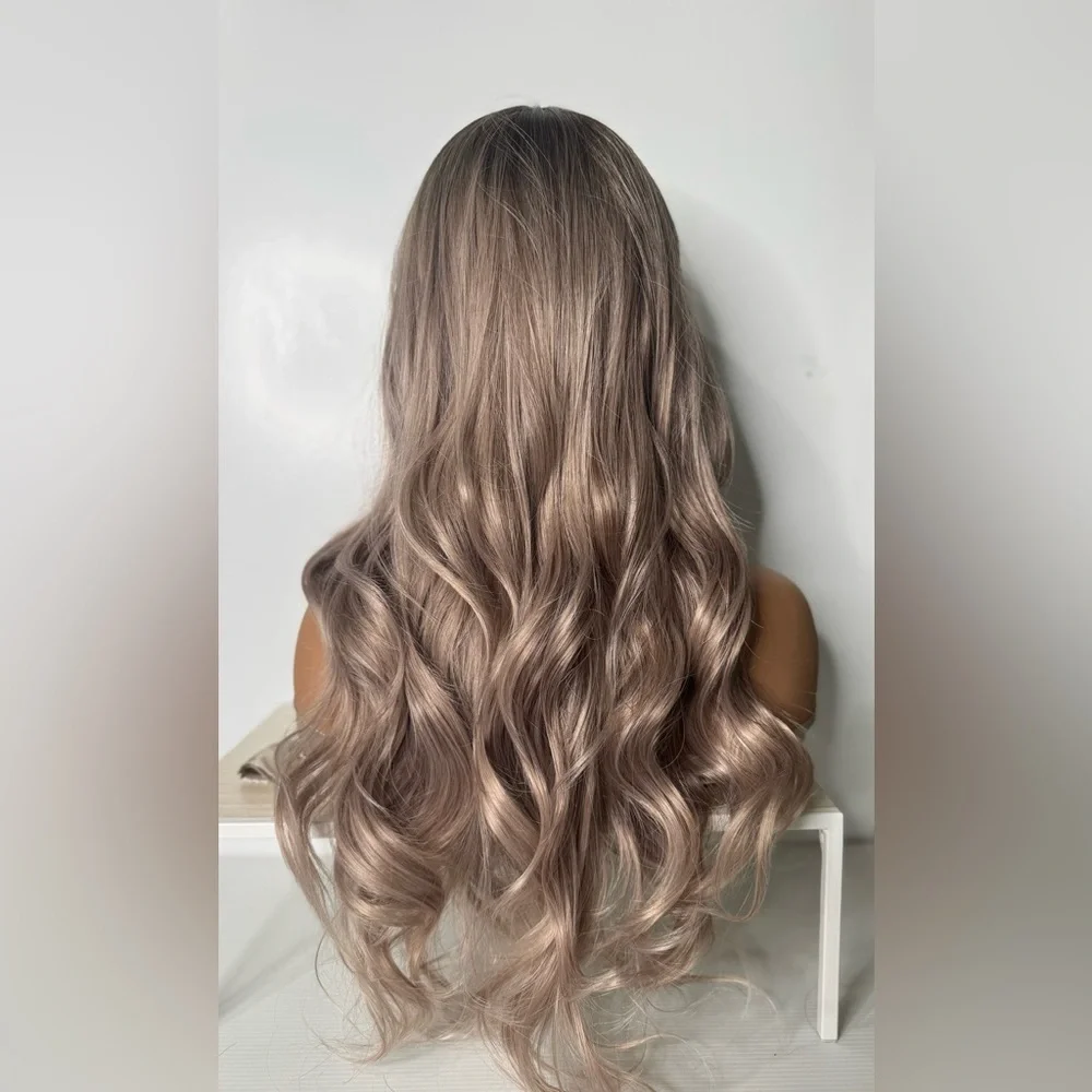 Long Wavy Ash Brown Balayage Silver lilac Wig – Curtain Bangs, Classic